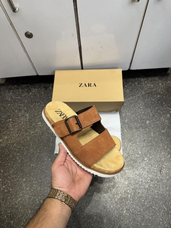 Zar.a Strap Suede Leather Premium Sandals Slides Brown