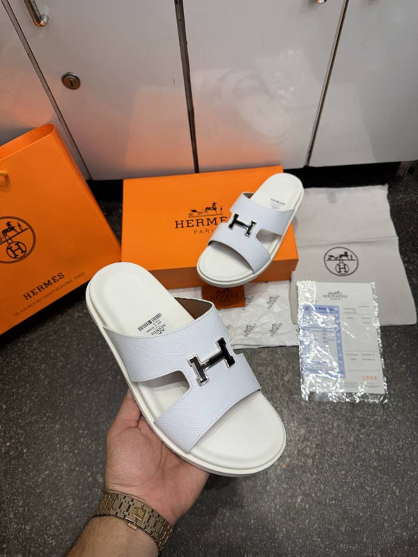 Hermes Chypre Calfskin Leather Sandals Slides White Premium