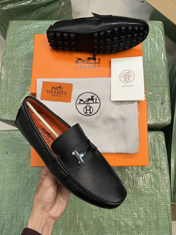 Herme.s Texture Black Premium Loafers Surplus Calf Leather Quality With All Accessories HX015