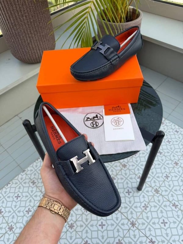 Herme.s Navy Premium Loafers Surplus Calf Leather Quality With All Accessories HX016