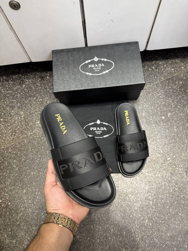 Prad.a Logo Leather Slides Black Premium