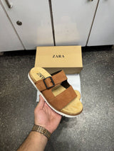 Zar.a Strap Suede Leather Premium Sandals Slides Brown