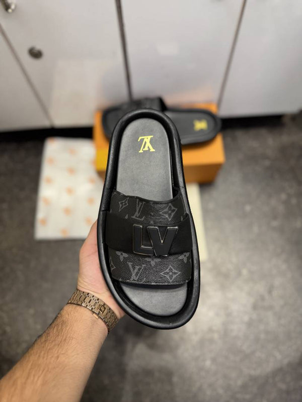 LOUI.S VUITTON LV LOGO PREMIUM SLIDE BLACK GREY 008