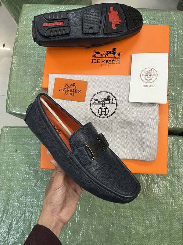 Herme.s Navy Premium Loafers Surplus Calf Leather Quality With All Accessories HX016