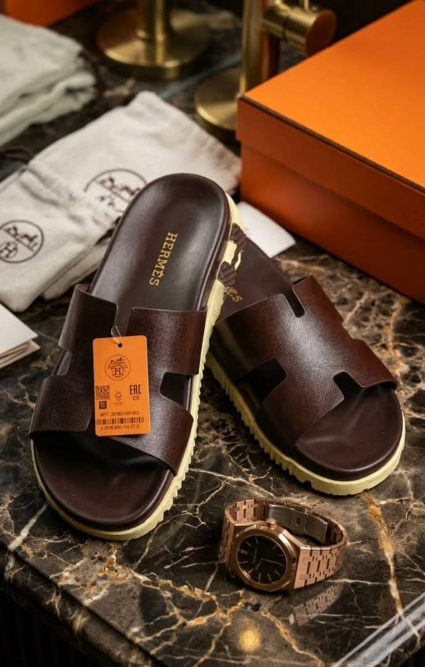 HERMMES IZMIR THICK SOLE ITALIAN SLIDE BROWN 44