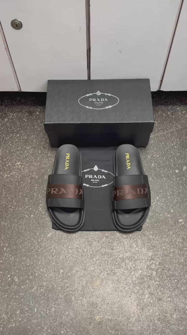 Prad.a Logo Leather Slides Brown Strap Premium