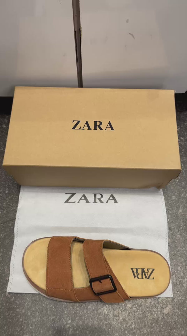 Zar.a Strap Suede Leather Premium Sandals Slides Brown