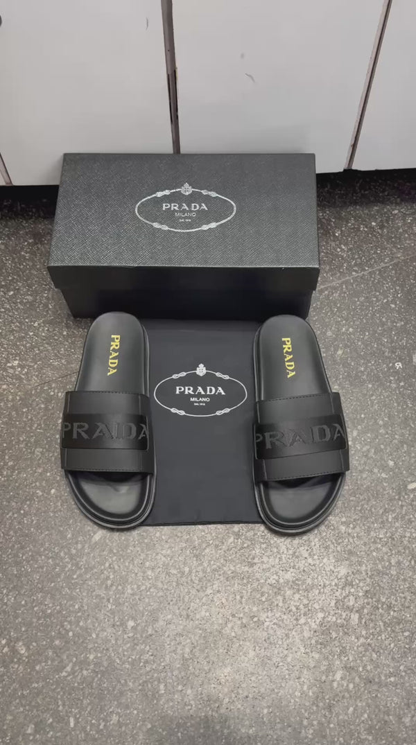 Prad.a Logo Leather Slides Black Premium