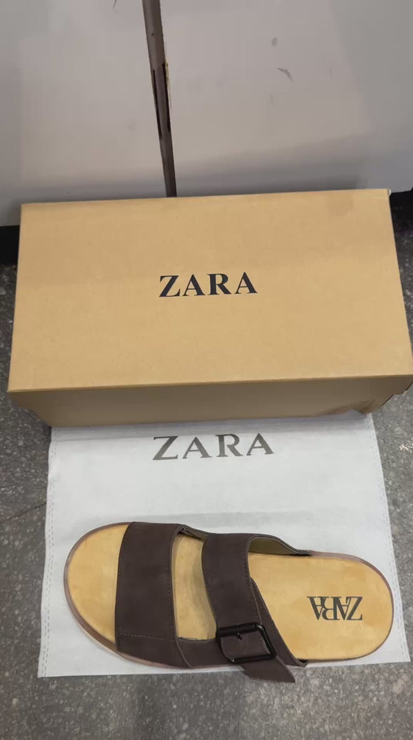 Zar.a Strap Suede Leather Premium Sandals Slides dark Brown